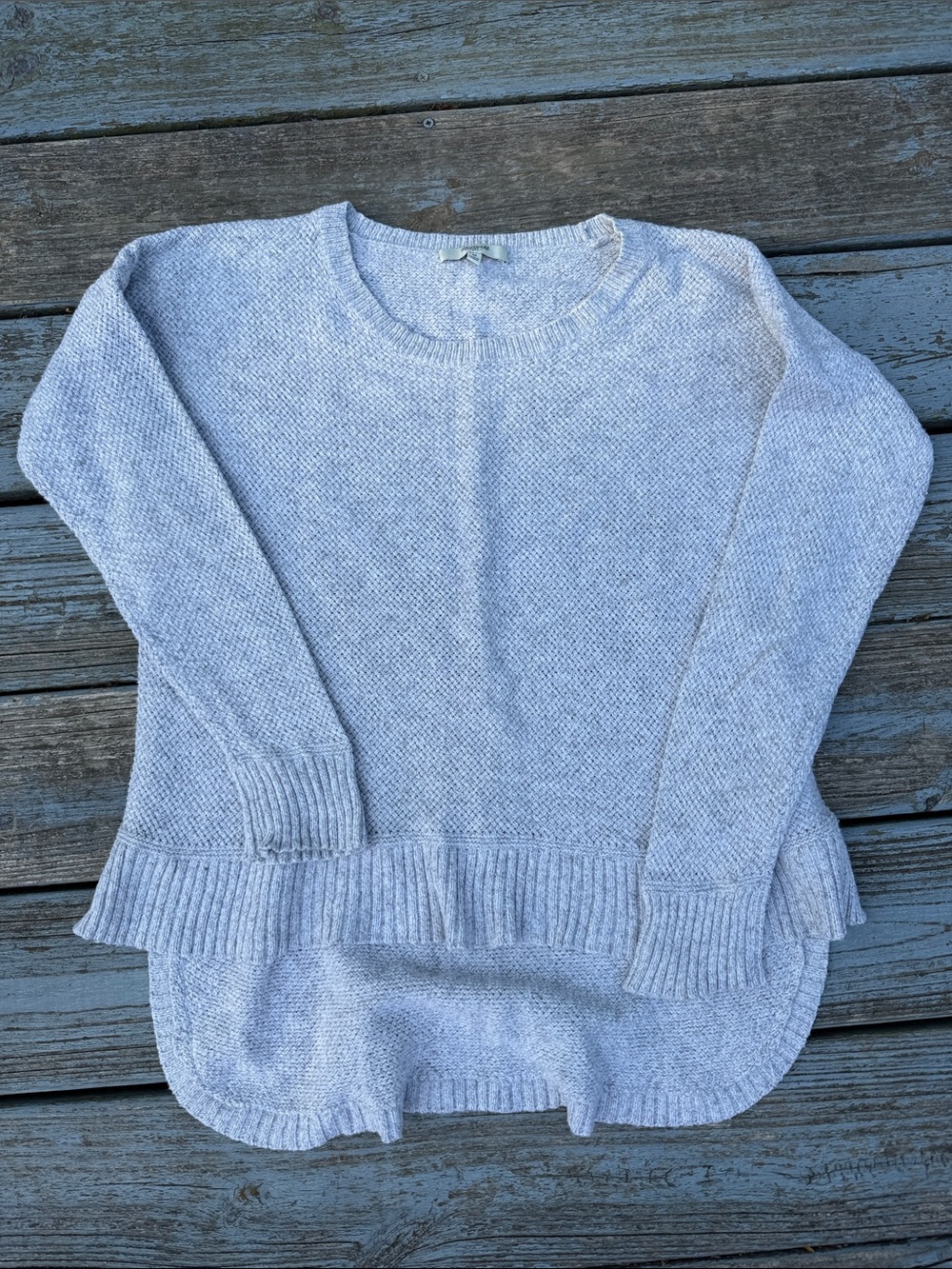 Madewell Light Gray Crewneck Sweater with Ruffled Hem Detail